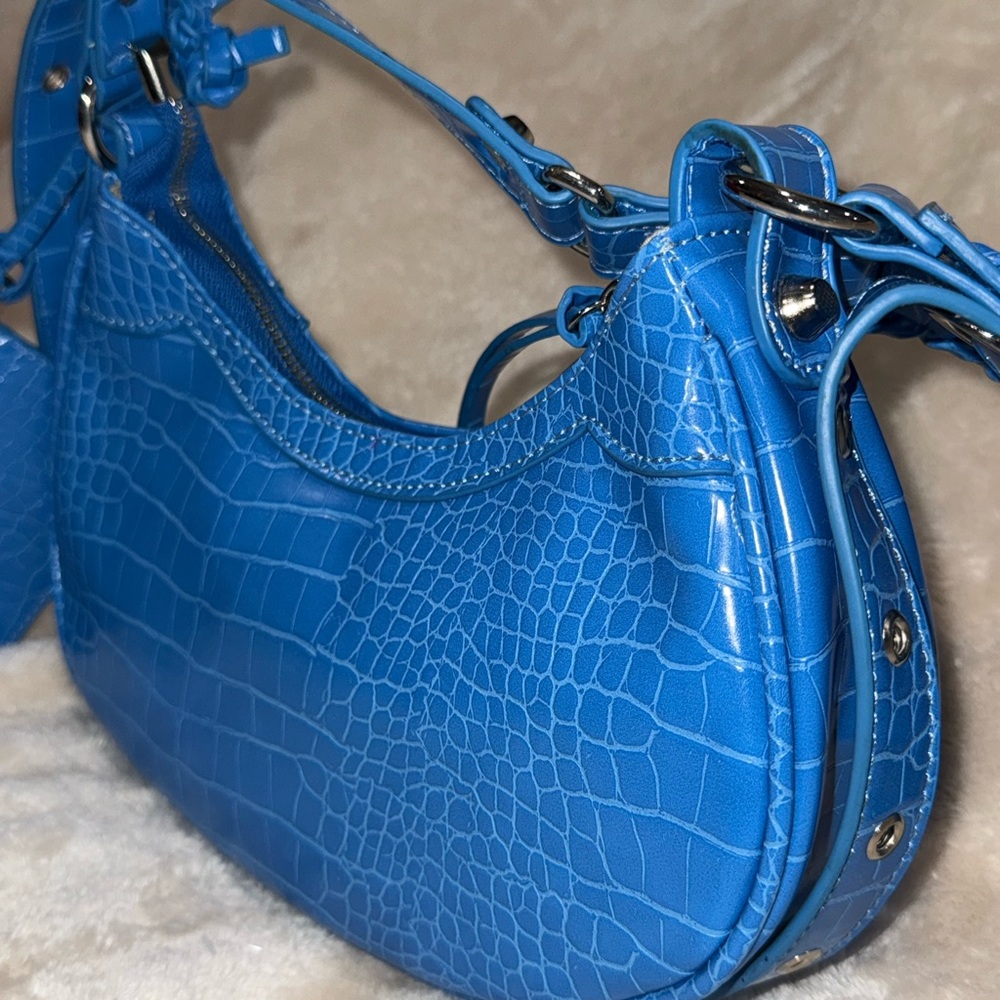Y2K Grunge Electric Blue Studded Croc Shoulder Bag Attached Heart Mirror Wallet - Picture 9 of 16